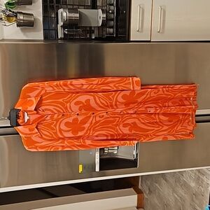 💕TRINA TURK💕 Long Sleeve Jersey Knit Shirt Dress Orange and Pink Retro Print M